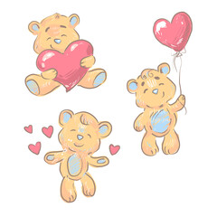 Fototapeta premium Bears cute collection with hearts nursery design isolated on white