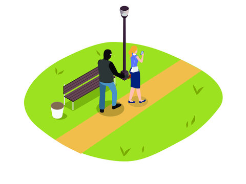 thief attacking woman isometric park scene clip art preview