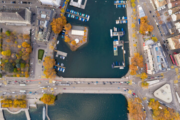 Top down view of Zurich old town where the limmat river meets the lake Zurich in Switzerland...