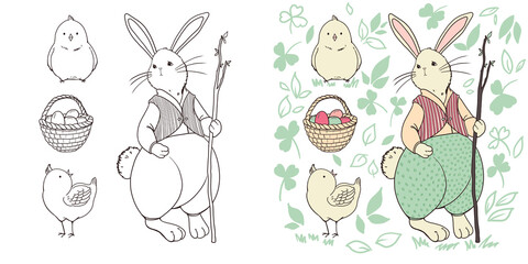 Rabbit and chickens, easter illustration