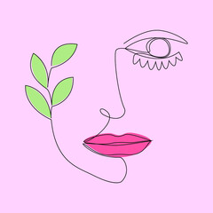 Abstract poster with minimal woman face with plant. One line drawing style