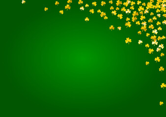 St patricks day background with shamrock. Lucky trefoil confetti. Glitter frame of clover leaves. Template for party invite, retail offer and ad. Greeting st patricks day backdrop