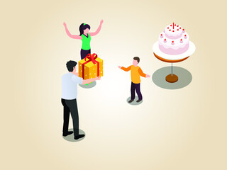 Parents celebrating son birthday isometric 3d vector concept for banner, website, illustration, landing page, flyer, etc.