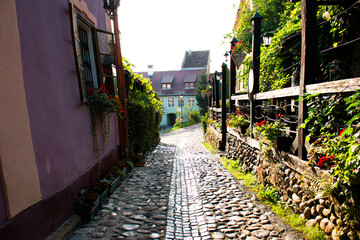 Cozy cobbled street in Sighisoara during sunny morning 