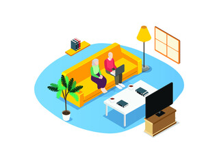 Elderly couple browsing the internet isometric 3d vector concept for banner, website, illustration, landing page, flyer, etc.