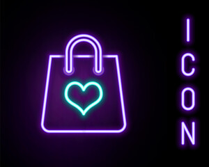 Glowing neon line Shopping bag with heart icon isolated on black background. Shopping bag shop love like heart icon. Valentine's day symbol. Colorful outline concept. Vector