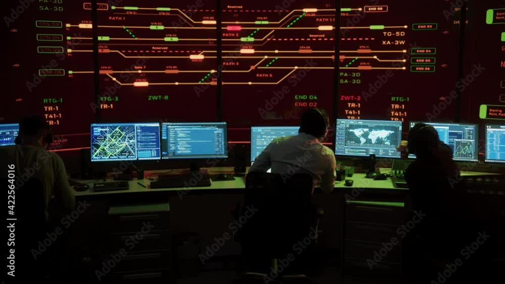 Poster Professional IT Technical Support Specialists and Software Developer Working on Computers in Monitoring Control Room with Digital Screens with Server Data, Blockchain Network and Surveillance Maps. 