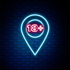 Glowing neon line Map pointer with 18 plus icon isolated on brick wall background. Age restriction symbol. 18 plus content sign. Adults content only icon. Colorful outline concept. Vector