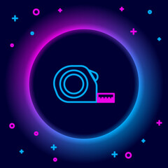 Glowing neon line Roulette construction icon isolated on black background. Tape measure symbol. Colorful outline concept. Vector