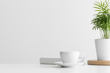 White book, cup of coffee and a palm in a pot on the white table with blank copy space.