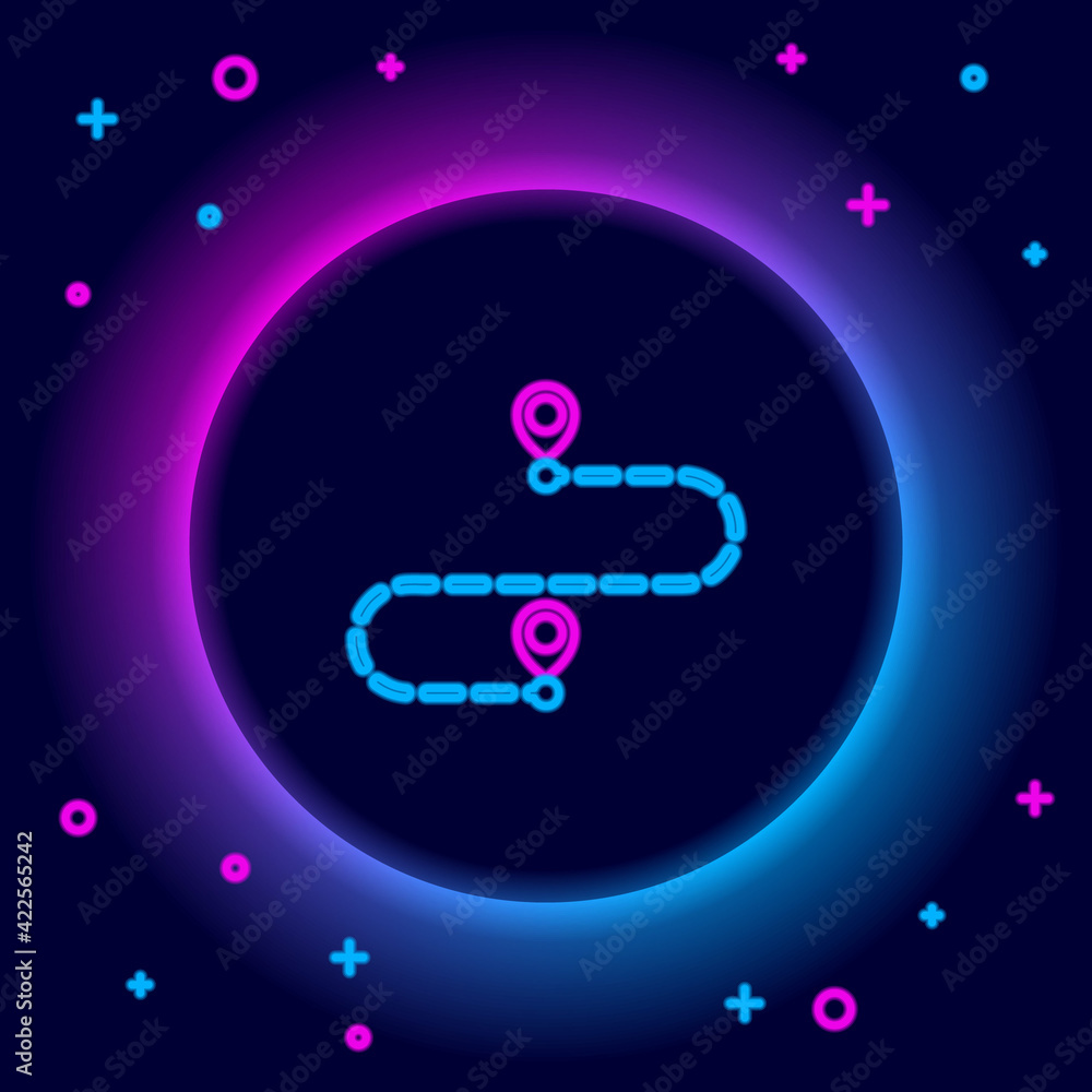 Poster glowing neon line route location icon isolated on black background. map pointer sign. concept of pat