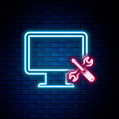 Glowing neon line Computer monitor with screwdriver and wrench icon isolated on brick wall background. Adjusting, service, setting, maintenance, repair, fixing. Colorful outline concept. Vector