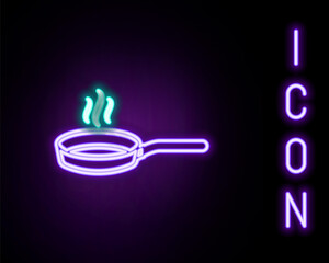 Glowing neon line Frying pan icon isolated on black background. Fry or roast food symbol. Colorful outline concept. Vector