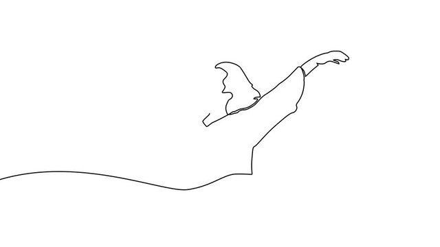 Continuous line drawing of happy woman raising hands. Continuous line animation video woman stretching arms relaxing picture vector illustration. concept of freedom. Beautiful woman 4K video animation