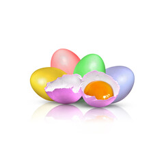 Five multi-colored Easter eggs. Composition isolated on white background with added shadow and reflection.