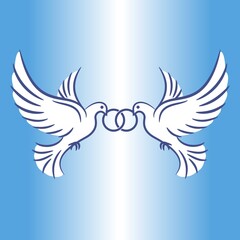 Obraz premium Two white doves in flight. Stylized pigeons and wedding rings. Vintage image with wedding doves. Vector illustration.