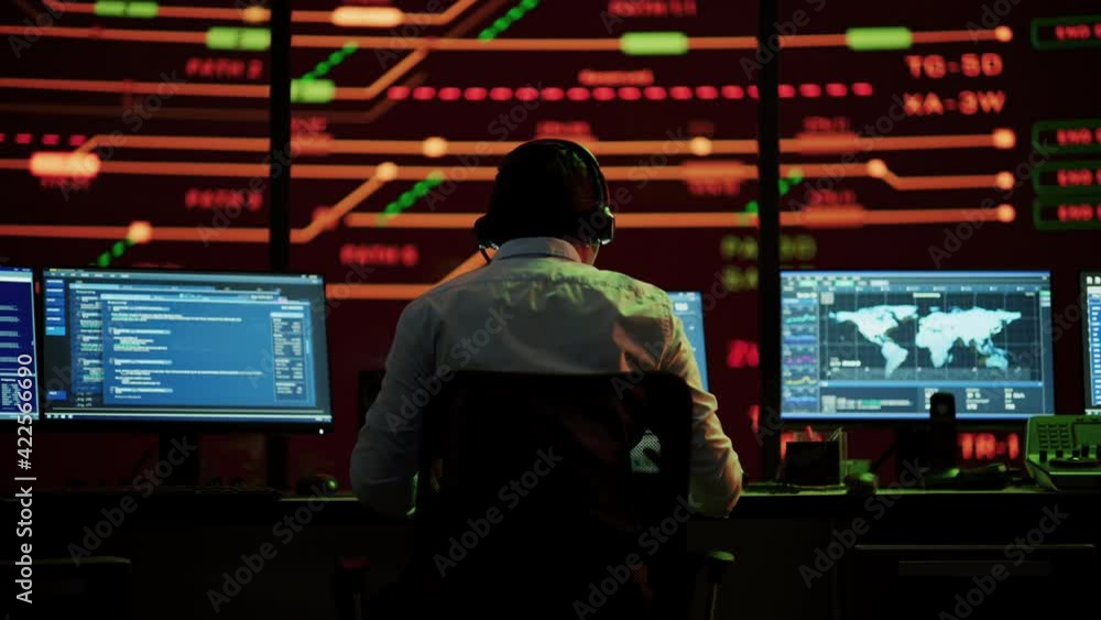Poster Professional IT Technical Support Specialists and Software Developer Working on Computers in Monitoring Control Room with Digital Screens with Server Data, Blockchain Network and Surveillance Maps. 