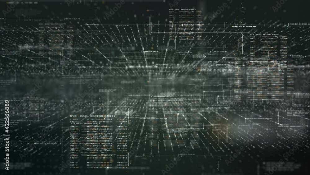 Poster Futuristic simulation of 5G network concept, artificial intelligence quantum physic matrix particles deep learning performing analytic computational head up display loop background