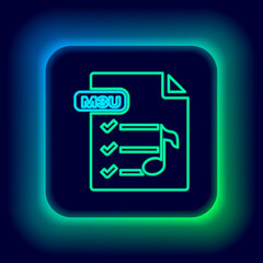 Glowing neon line M3U file document. Download m3u button icon isolated on black background. M3U file symbol. Colorful outline concept. Vector