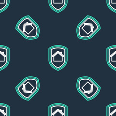 Line House under protection icon isolated seamless pattern on black background. Home and shield. Protection, safety, security, protect, defense concept. Vector