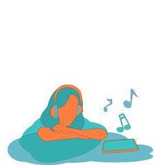 Fototapeta premium Cartoon young girl listening to music on her smartphone. Young woman in headphones listening to music. Relaxed no face female enjoying music. Vector illustration flat design in green and orange tone