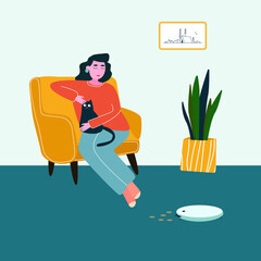 flat vector, a woman is resting in a chair with a cat while the robot vacuum cleaner cleans up