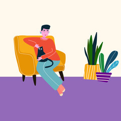flat vector, woman resting in a chair with a cat