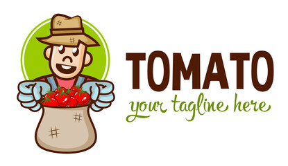 Flat cute funny farmer shows a bag of tomatoes. Gardener logo or sign. Vector farm character. Agriculture concept.