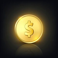 Vector 3d Realistic Golden Dollar Coin. Currency, Money, Wealth, Capital, Banking, E-commerce, Exchange, Finance Concept. Glow Coin Closeup on Dark Background with Reflection. Front View
