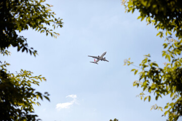 A plane is flying in the blue sky.
