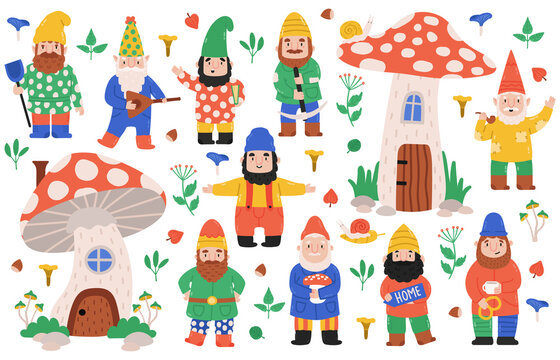 Garden dwarf characters. Gnome garden decorations, dwarfs with mushrooms, gnome mascots. Funny garden fairy tale creatures vector illustration set