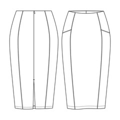 Women Fitted Pencil Skirt Vector Fashion Flat Sketches. Fashion Technical Illustration Template. Cut and sew detail. Back Slit