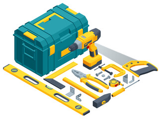 Large set of construction tools. Drill, hammer, hacksaw, tape measure, nippers, pliers, wrench, stapler, roller. Icon set.