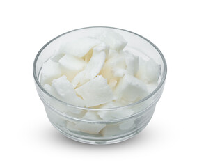 Coconut milk tropical fruit or fluffy coconut chopped in glass bowl isolated on white background ,include clipping path