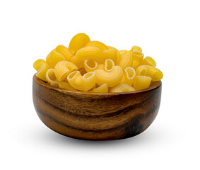raw macaroni pasta with wooden bowl isolated on white background