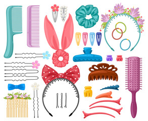 Hair accessories. Woman hair items, hair clips, hairpins, hairband and hair grips, female hair tools. Fashion hair accessories vector illustration set