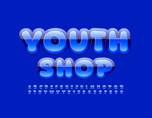 Vector bright Banner Youth Shop. Modern glossy Font. Creative Alphabet Letters and Numbers
