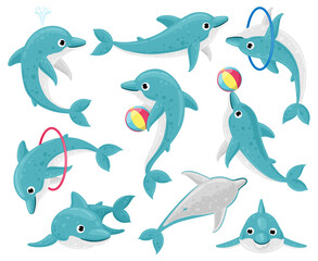 Cute cartoon dolphins. Underwater fauna mammal character, funny dolphin performing tricks. Dolphin ocean mascot vector illustration set © WinWin