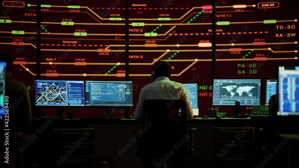 Poster Professional IT Technical Support Specialists and Software Programmer Working on Computers in Monitoring Control Room with Digital Screens with Server Data, Blockchain Network and Surveillance Maps. 
