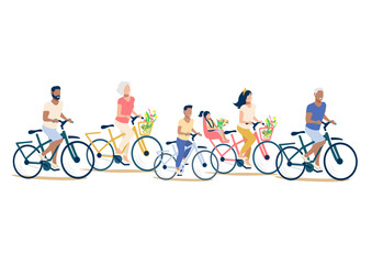 Vector illustration of a big happy family having a rest ride bicycles together. Grandfather, grandmother, mom, dad and children have fun and happy time together. Family day.