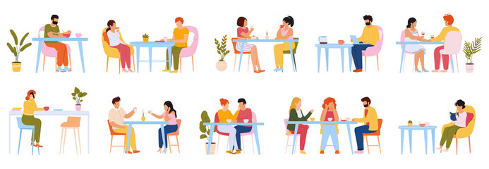 Eating people. Men and women eating meal in cafeteria, at home or restaurant, characters dining together. People eat food vector illustration set