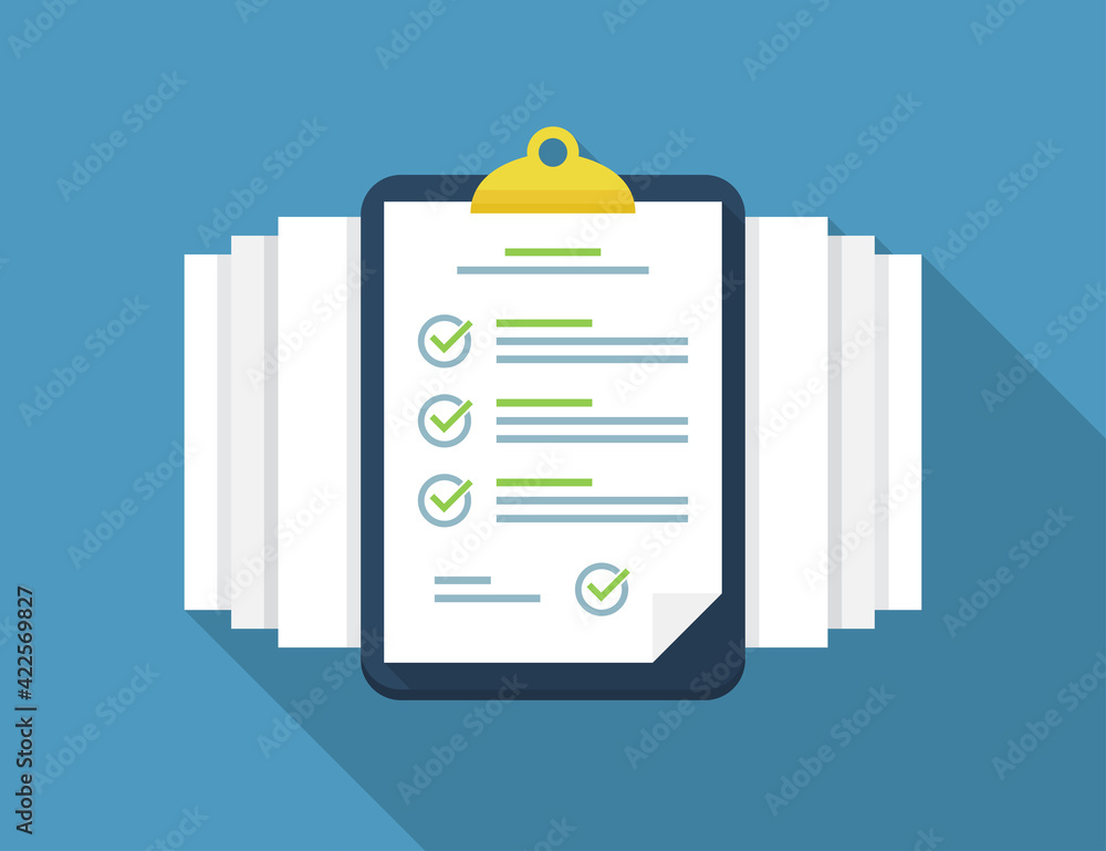 Aufkleber clipboard with checklist and documents in a flat design with long shadow