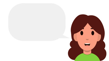 Young woman with speech bubble isolated on white background. Conversation or message concept. Flat style. Vector illustration