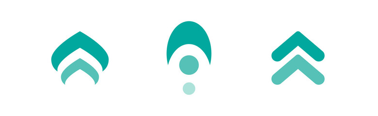 three blue squared arrows up icon. swipe up buttons set. Isolated on white.