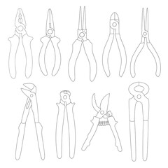 Tools set. Isolated line-art equipment on white bacground. Pliers, pump, long-nose, flush cutter, cutting, insulated, electronic. Vector illustration. Equipment shop decoration. 