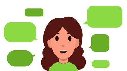 Young woman with speech bubbles isolated on white background. Conversation or message concept. Flat style. Vector illustration