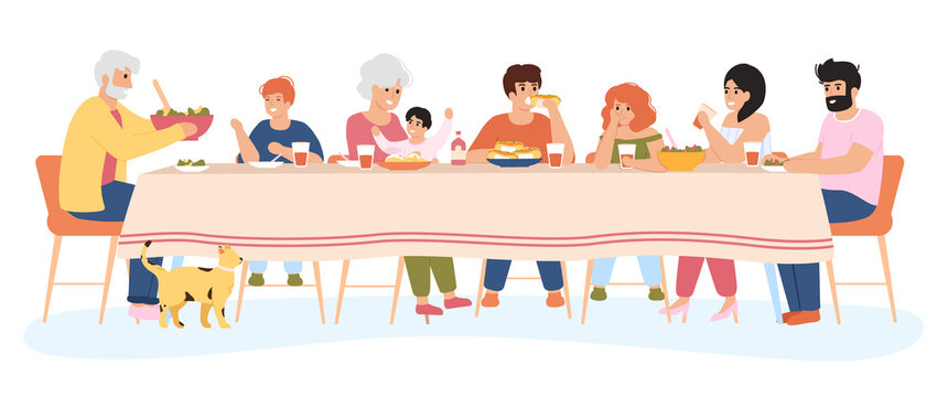 Family Meal. People Dining Together, Family Eating Delicious Holiday Meals. Dinner Within Family Circle Vector Illustration Set