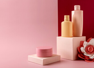 Сosmetics tubes skin care product on geometric pedestal for  branding. Blank unbranded flacons. Mockup. Beauty and spa concept.