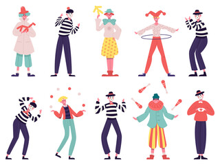Mimes and clowns. Circus and street artists, comedy performing, juggling and magic tricks vector illustration set. Silent actors and funny clowns - obrazy, fototapety, plakaty