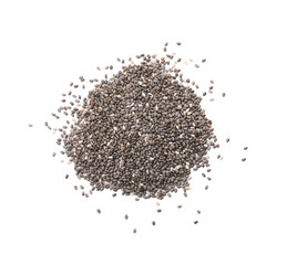 Pile of chia seeds on white background, top view